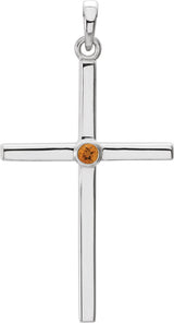 14K Gold Round Natural Citrine Cross Pendant - White Gold
