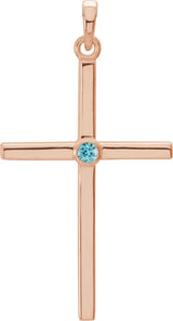 14K Gold Round Natural Blue Zircon Cross Pendant - Rose Gold