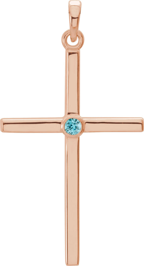 14K Gold Round Natural Blue Zircon Cross Pendant - Rose Gold
