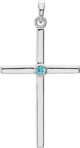 14K Gold Round Natural Blue Zircon Cross Pendant - White Gold