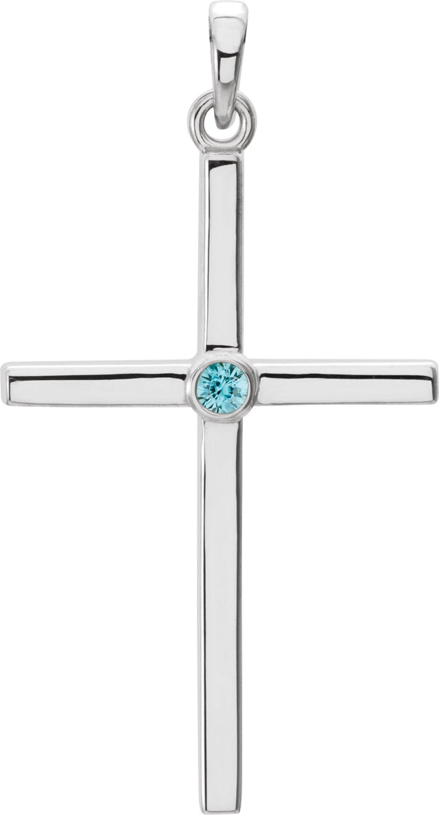 14K Gold Round Natural Blue Zircon Cross Pendant - White Gold