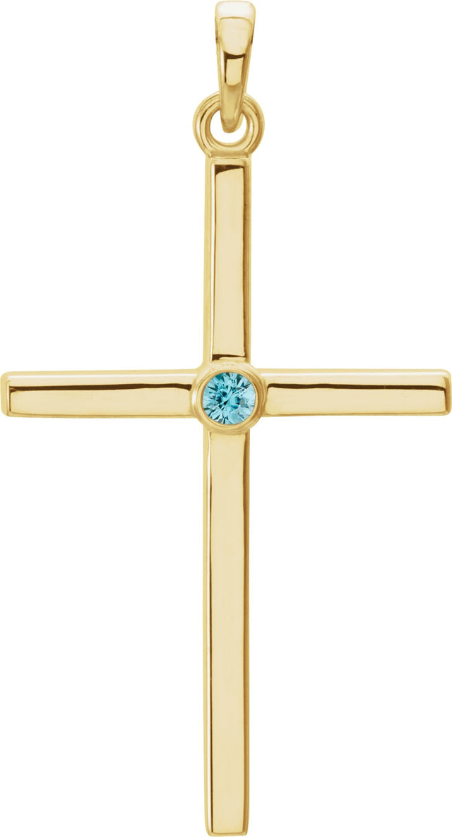 14K Gold Round Natural Blue Zircon Cross Pendant - Yellow Gold