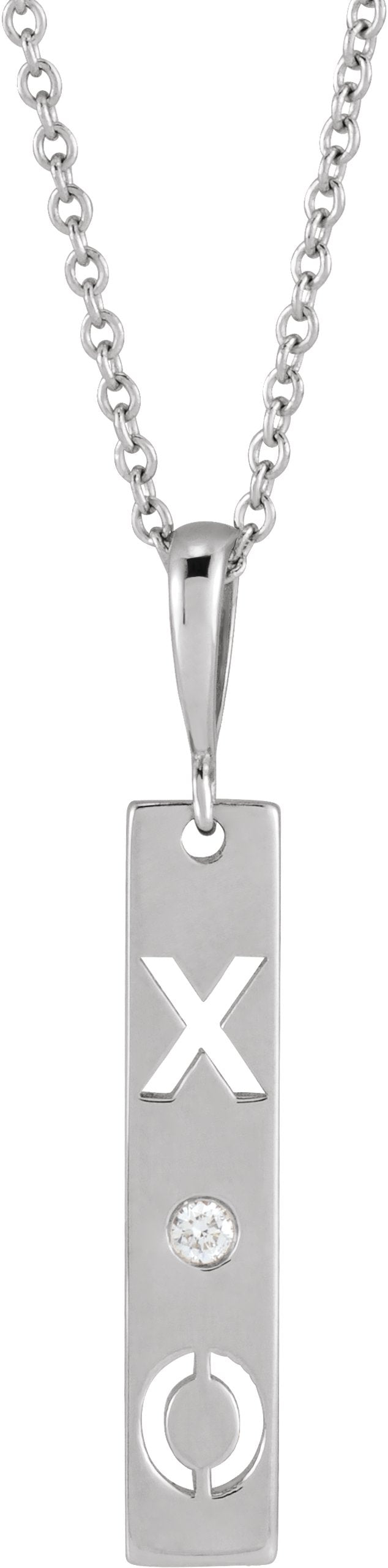 14K Gold Round Natural Diamond Accented XO Bar Necklace or Pendant - White Gold