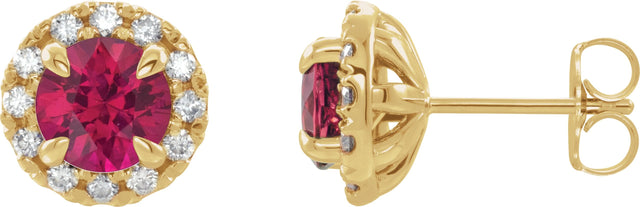 14K Gold Round Natural Ruby French-Set Halo-Style Earrings - Yellow Gold
