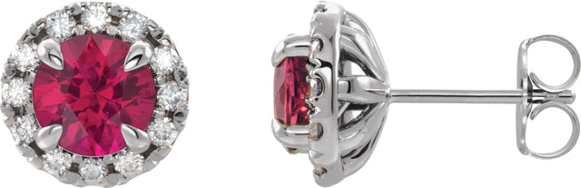 14K Gold Round Lab-Grown Ruby French-Set Halo-Style Earrings - White Gold