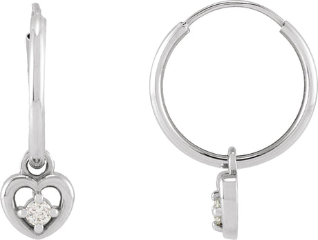 14K Gold Round Natural Diamond Heart Hoop Earrings - White Gold