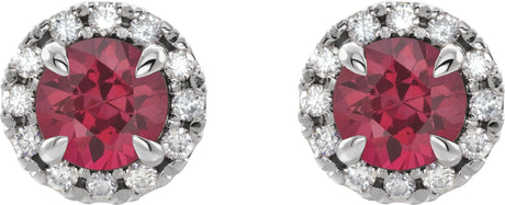 Platinum Round Lab-Grown Ruby French-Set Halo-Style Earrings - view 2