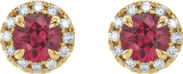 14K Gold Round Natural Ruby French-Set Halo-Style Earrings - Yellow Gold - view 2