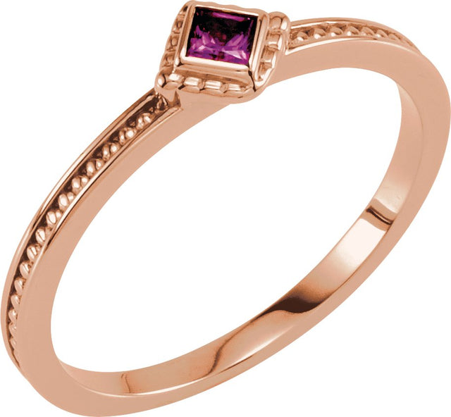 14K Gold Square Natural Amethyst Family Stackable Ring – 2.5x2.5mm - Rose Gold