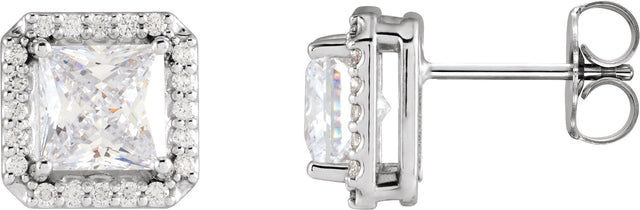 14K Gold Lab-Grown Moissanite Natural Diamond Square 4-Prong Halo-Style Earring - White Gold