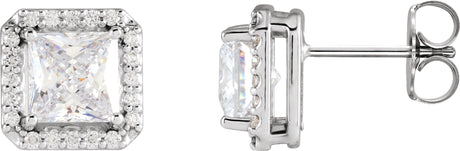 Platinum Lab-Grown Moissanite Natural Diamond Square 4-Prong Halo-Style Earring