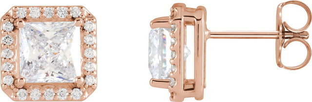 14K Gold Lab-Grown Moissanite Natural Diamond Square 4-Prong Halo-Style Earring - Rose Gold