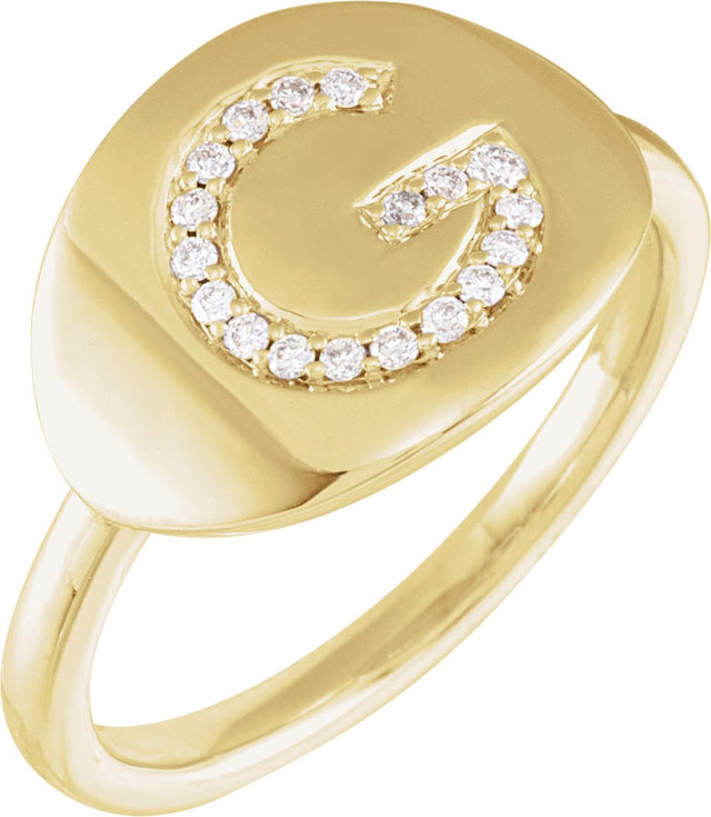 14K Gold Round Natural Diamond Accented Initial Signet Ring - Yellow Gold