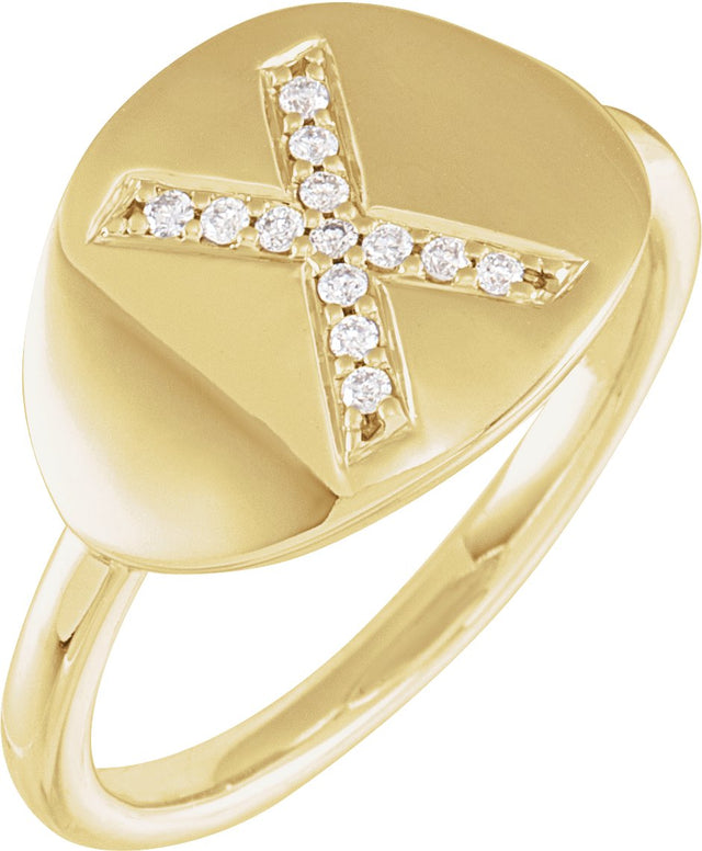 14K Gold Round Natural Diamond Accented Initial Signet Ring - Yellow Gold