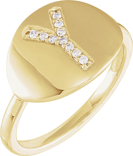 14K Gold Round Natural Diamond Accented Initial Signet Ring - Yellow Gold