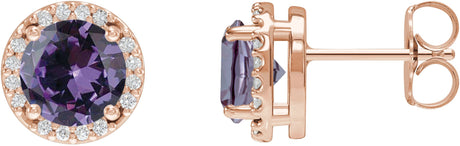 14K Gold Lab-Grown Alexandrite Round Halo-Style Low Stud Earrings - Rose Gold
