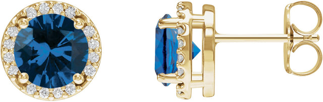 14K Gold Lab-Grown Blue Sapphire Round Halo-Style Low Stud Earrings - Yellow Gold
