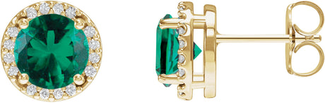 14K Gold Lab-Grown Emerald Round Halo-Style Low Stud Earrings - Yellow Gold