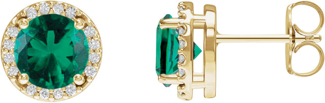 14K Gold Lab-Grown Emerald Round Halo-Style Low Stud Earrings - Yellow Gold