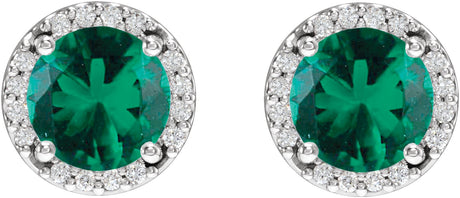 Platinum Lab-Grown Emerald Round Halo-Style Low Stud Earrings - view 2