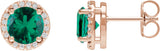 14K Gold Lab-Grown Emerald Round Halo-Style Low Stud Earrings - Rose Gold