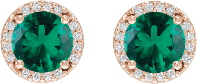 14K Gold Lab-Grown Emerald Round Halo-Style Low Stud Earrings - Rose Gold - view 2