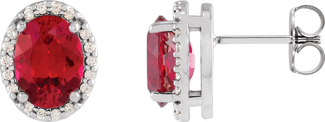 14K Gold Lab-Grown Ruby Oval 4-Prong Halo-Style Low Stud Earring - White Gold