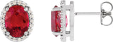 Platinum Lab-Grown Ruby Oval 4-Prong Halo-Style Low Stud Earring
