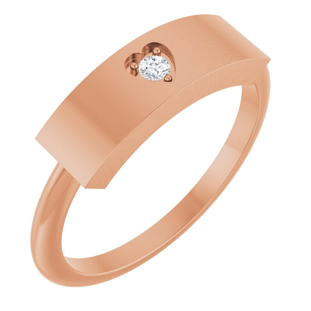 14K Gold Round Natural Diamond Engravable Heart Ring - Rose Gold