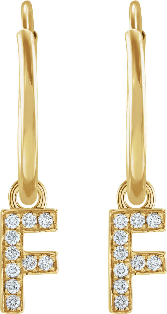 14K Gold Round Natural Diamond Initial Hoop Earrings - Yellow Gold - view 2
