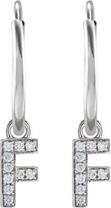 14K Gold Round Natural Diamond Initial Hoop Earrings - White Gold - view 2