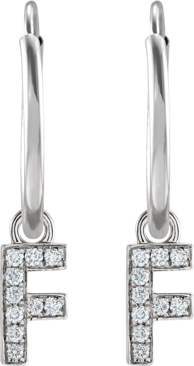 14K Gold Round Natural Diamond Initial Hoop Earrings - White Gold - view 2