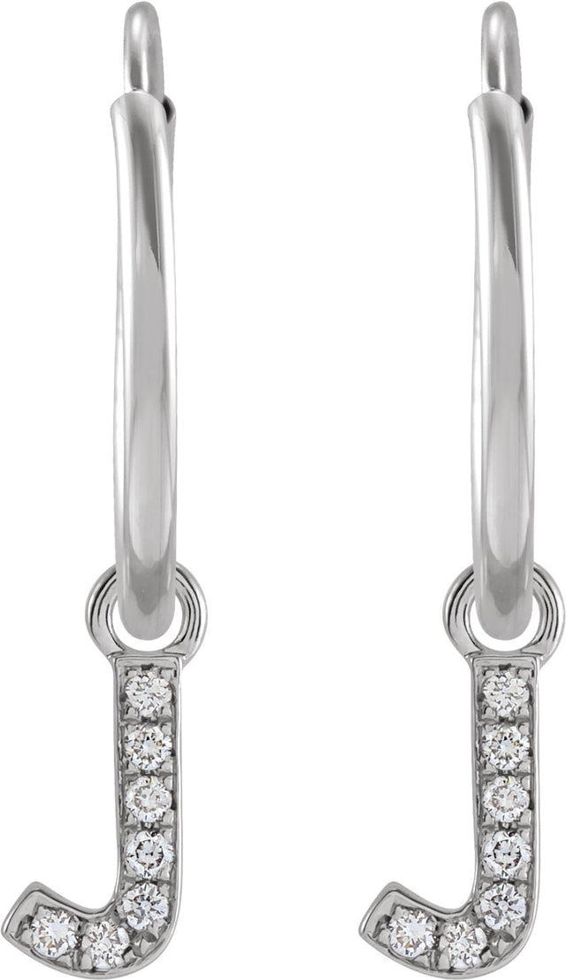 14K Gold Round Natural Diamond Initial Hoop Earrings - White Gold - view 2