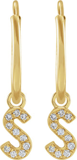 14K Gold Round Natural Diamond Initial Hoop Earrings - Yellow Gold - view 2
