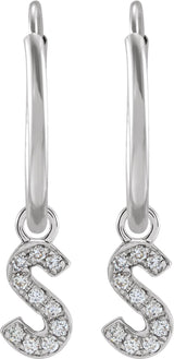 14K Gold Round Natural Diamond Initial Hoop Earrings - White Gold - view 2