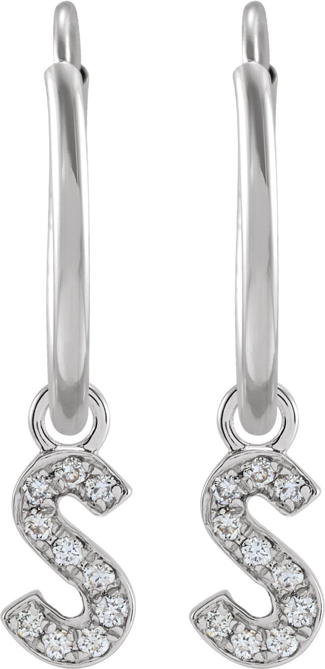 14K Gold Round Natural Diamond Initial Hoop Earrings - White Gold - view 2