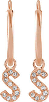 14K Gold Round Natural Diamond Initial Hoop Earrings - Rose Gold - view 2