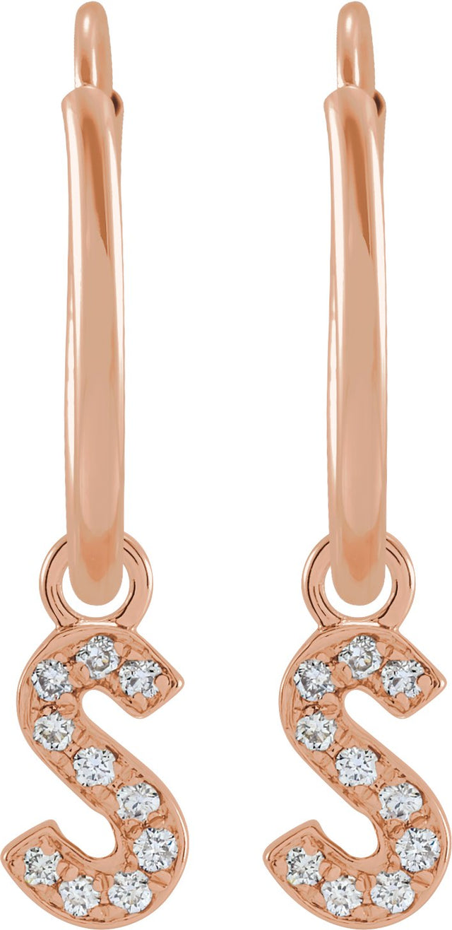 14K Gold Round Natural Diamond Initial Hoop Earrings - Rose Gold - view 2