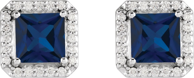 Platinum Lab-Grown Blue Sapphire Square 4-Prong Halo-Style Earring - view 2