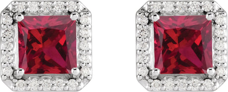 Platinum Lab-Grown Ruby Natural Diamond Square 4-Prong Halo-Style Earring - view 2