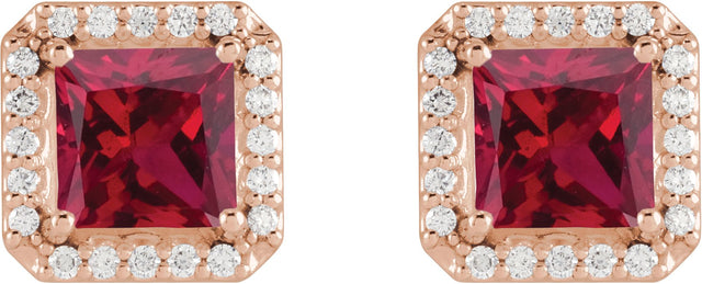 14K Gold Lab-Grown Ruby Natural Diamond Square 4-Prong Halo-Style Earring - Rose Gold - view 2