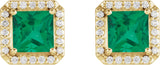 14K Gold Lab-Grown Emerald Natural Diamond Square 4-Prong Halo-Style Earring - Yellow Gold - view 2