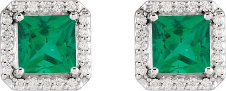 Platinum Lab-Grown Emerald Square 4-Prong Halo-Style Earring - view 2