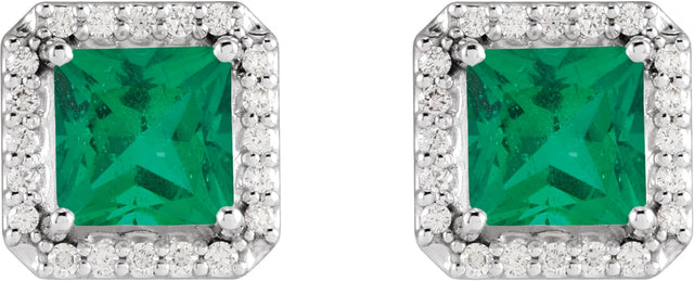 14K Gold Lab-Grown Emerald Square 4-Prong Halo-Style Earring - White Gold - view 2