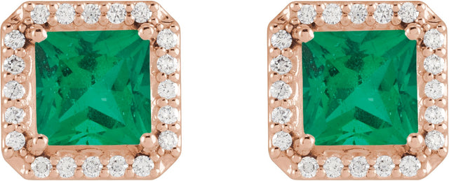 14K Gold Lab-Grown Emerald Square 4-Prong Halo-Style Earring - Rose Gold - view 2