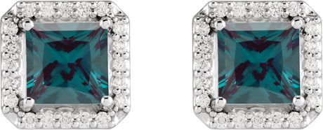 Platinum Lab-Grown Alexandrite Natural Diamond Square 4-Prong Halo-Style Earring - view 2