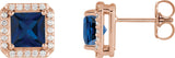 14K Gold Lab-Grown Blue Sapphire Square 4-Prong Halo-Style Earring - Rose Gold