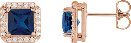 14K Gold Lab-Grown Blue Sapphire Square 4-Prong Halo-Style Earring - Rose Gold