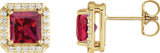 14K Gold Lab-Grown Ruby Natural Diamond Square 4-Prong Halo-Style Earring - Yellow Gold