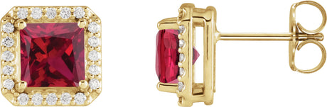 14K Gold Lab-Grown Ruby Natural Diamond Square 4-Prong Halo-Style Earring - Yellow Gold